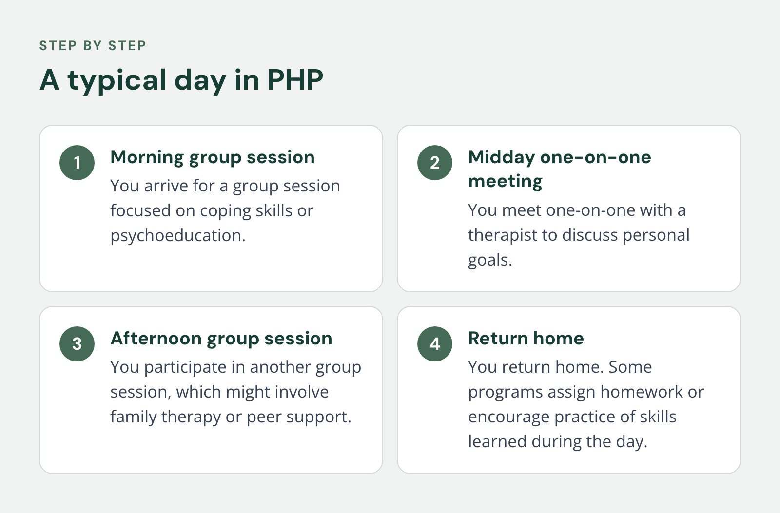 Steps, A typical day in PHP. 1. Morning group session; 2. Midday one-on-one meeting; 3. Afternoon group session; 4. Return home.