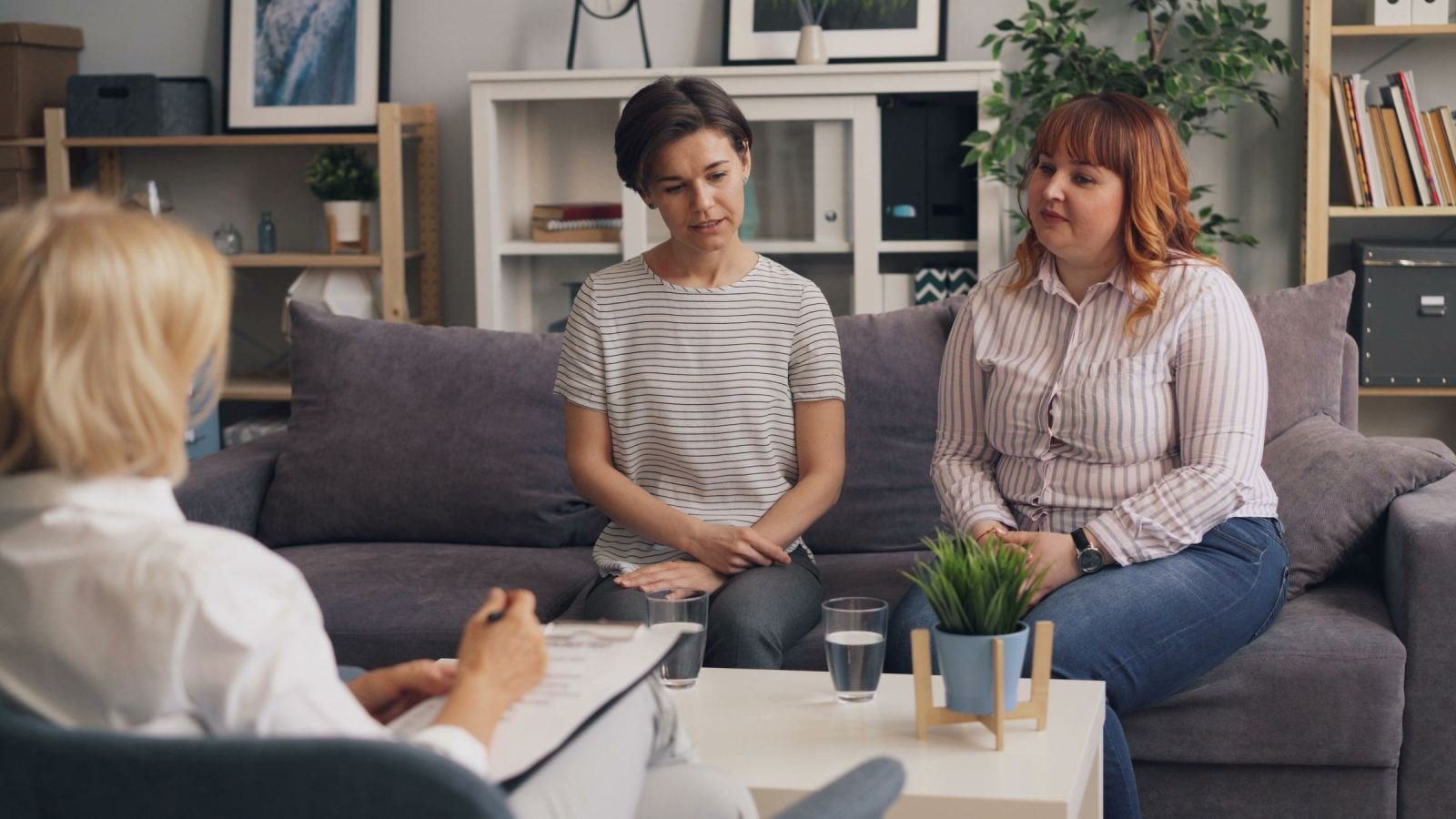 A counselor with a clipboard talks to two women sitting on a grey sofa