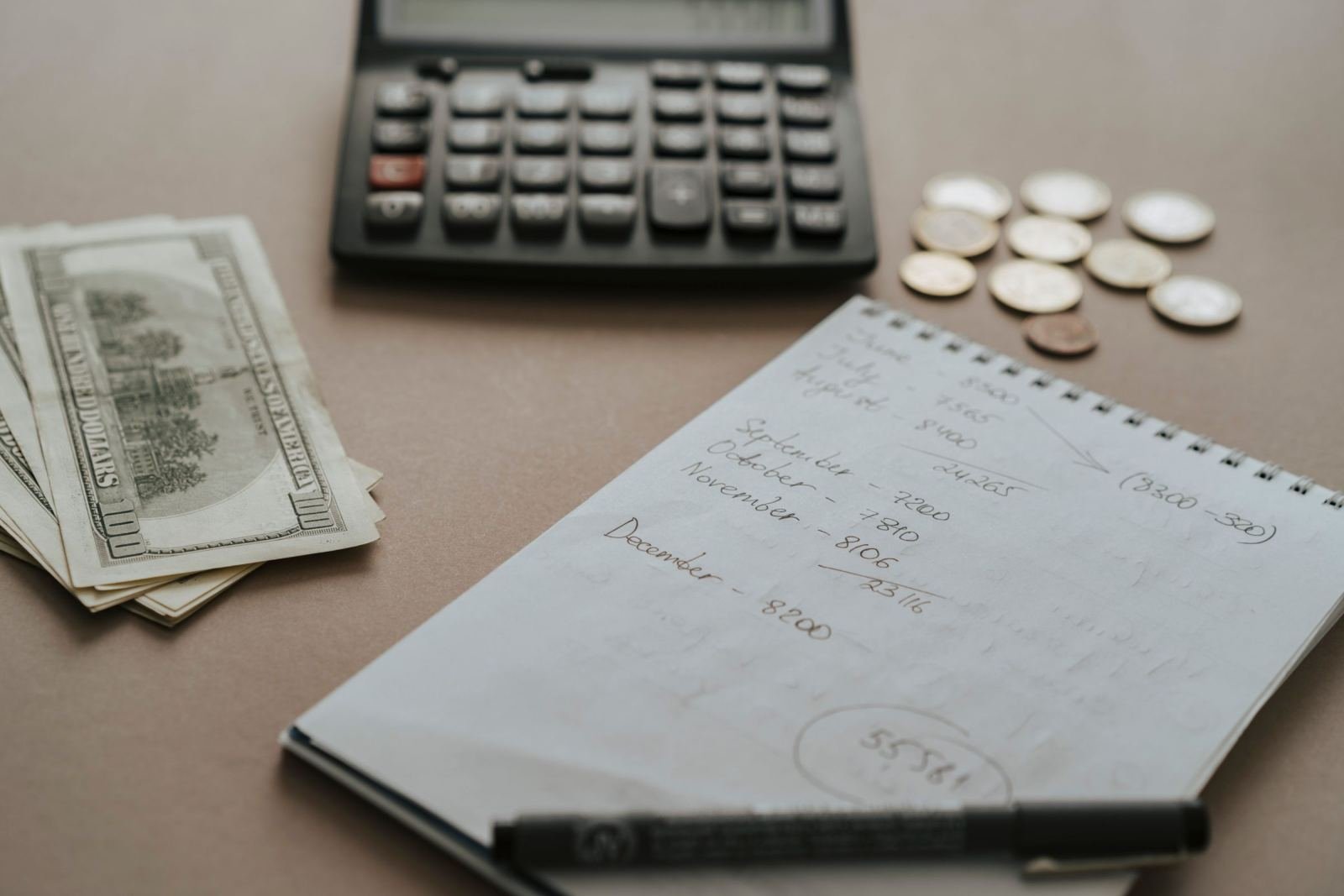 A calculator, cash, coins, and a notebook with handwritten budget notes on a table